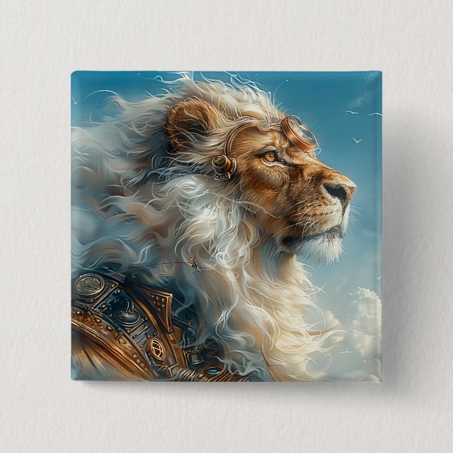 Steampunk Lion 2 Inch Square Button (Front)