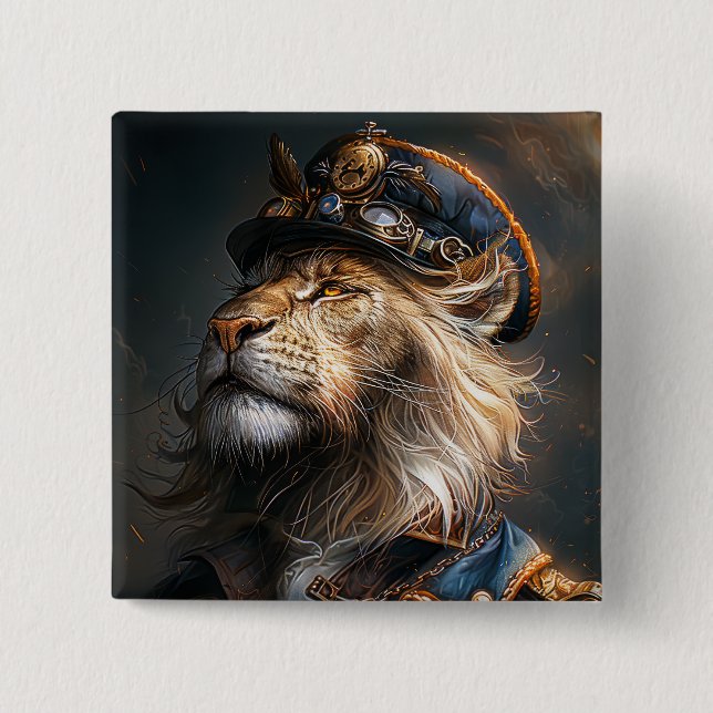Steampunk Lion 2 Inch Square Button (Front)