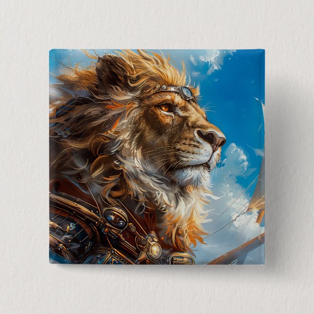 Steampunk Lion 2 Inch Square Button (Front)