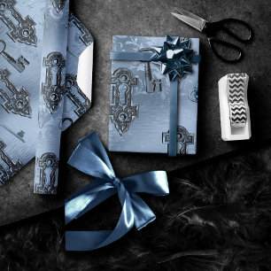 Steampunk Lock and Key Blue   Vintage Decoupage Wrapping Paper