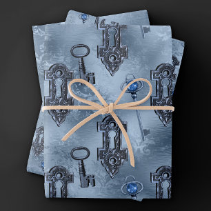 Steampunk Lock and Key Blue Vintage Decoupage Wrapping Paper Sheet