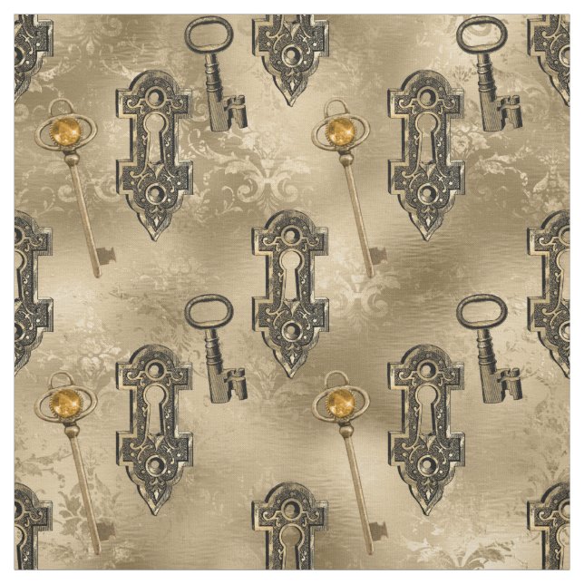 Steampunk Lock and Key Gold | Vintage Decoupage Fabric (Swatch)