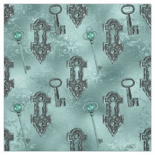 Steampunk Lock and Key Teal Vintage Decoupage Fabric