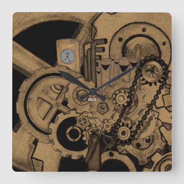 Steampunk Machinery (Brassy) Square Wall Clock (Front)