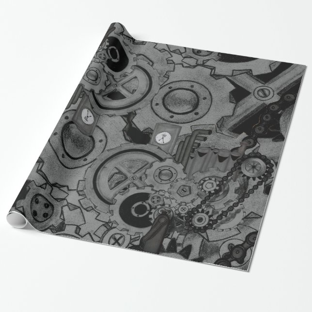 Steampunk Machinery (Monochrome) Wrapping Paper (Unrolled)