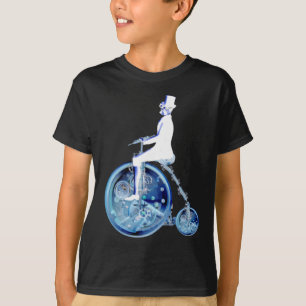 Steampunk man on penny farthing blue white neon T-Shirt