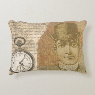 Steampunk Man Pocket Watch Bowler Hat Accent Pillow