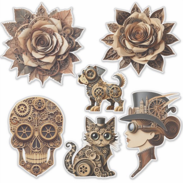 Steampunk man woman animals paper crafts art (Front)