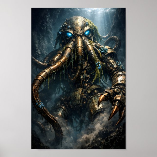 Steampunk Mecha Kraken Deep Sea Art Poster (Front)