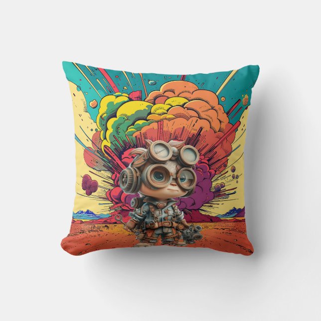 Steampunk Mechanic Cartoon Explosion Throw Pillow (Front)