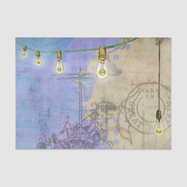 Steampunk Mechanical Edison Light Bulb Architect Tissue Paper (Front)