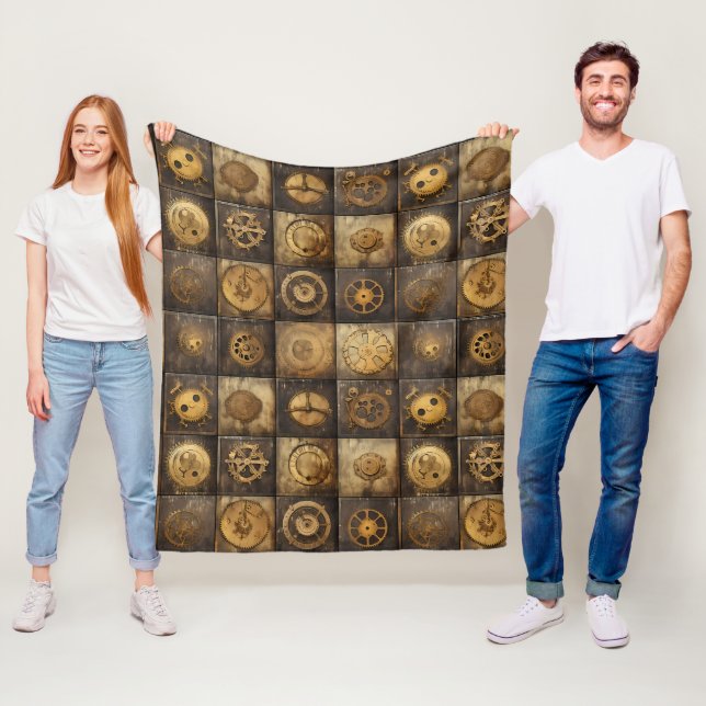 Steampunk Mechanical Gear Tile Pattern Gold Bronze Fleece Blanket (In Situ)