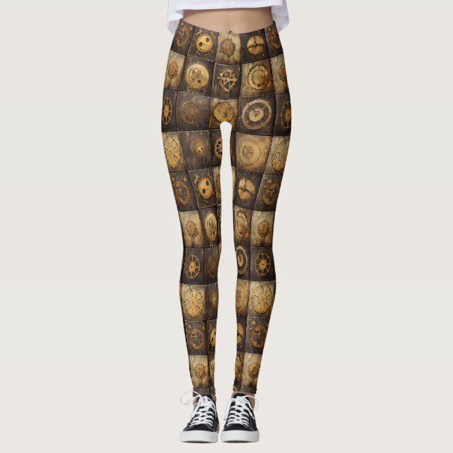 Steampunk Mechanical Gear Tile Pattern Gold Bronze Leggings (Front)