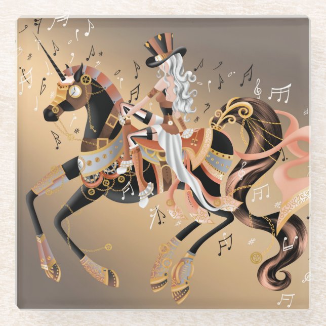 Steampunk Mechanical Horse & Lady Glass Coaster (Front)