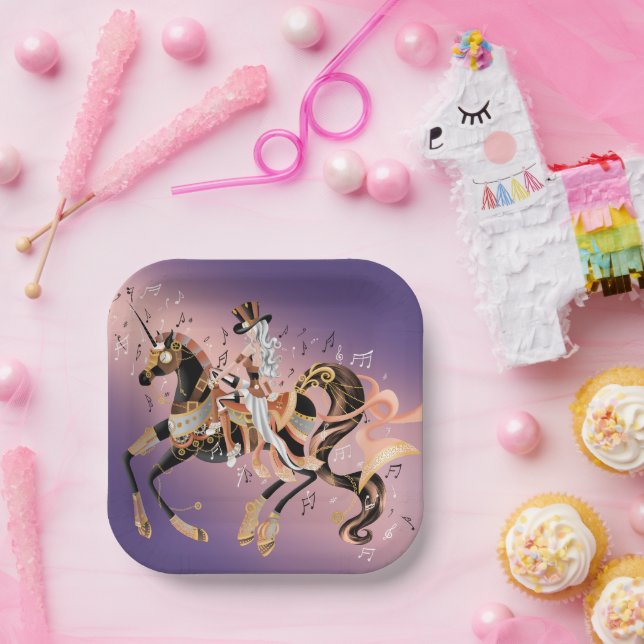Steampunk Mechanical Horse & Lady  Paper Plate (Party)
