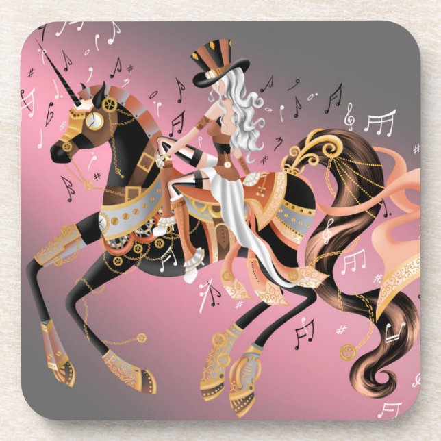 Steampunk Mechanical Horse & Lady Plastic Coaster (Front)