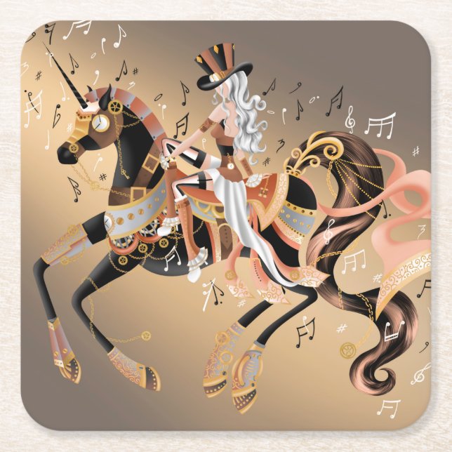 Steampunk Mechanical Horse & Lady Square Coaster (Front)