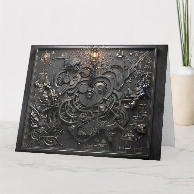 Steampunk Mechanical Map Art Greeting Card (Front)
