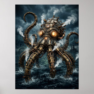 Steampunk Mechanical Octopus Rising From Ocean Poster