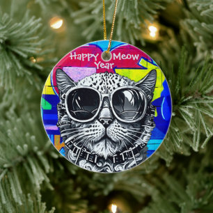 Steampunk Meow Year Delight: Cool Cat with Shades Ceramic Ornament