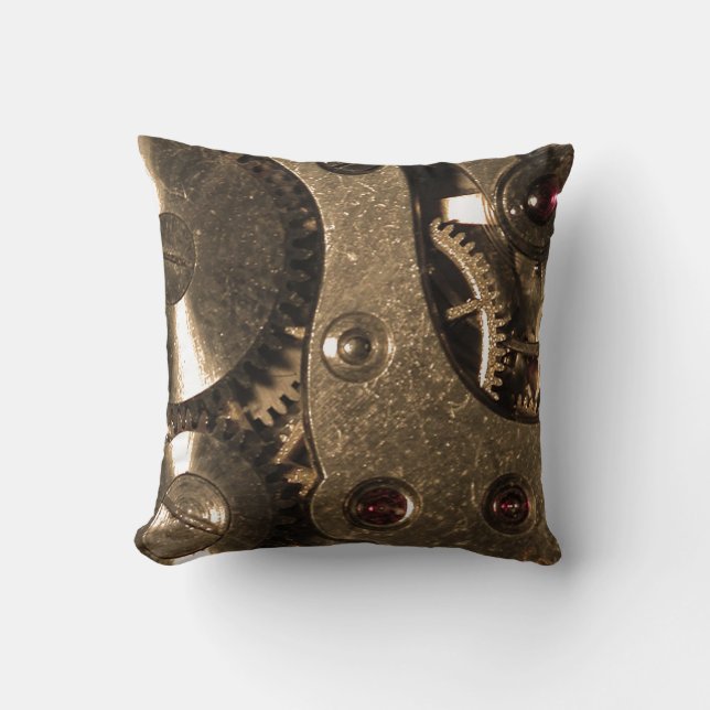 Steampunk Metal Clock Gears Throw Pillow (Front)
