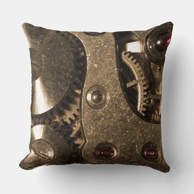 Steampunk Metal Clock Gears Throw Pillow (Front)