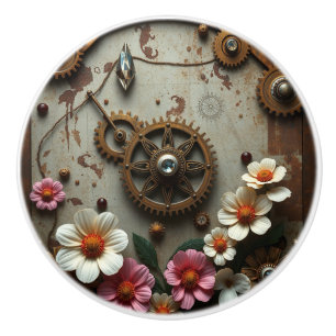 Steampunk Metal Flowers, Gears and Diamonds Ceramic Knob