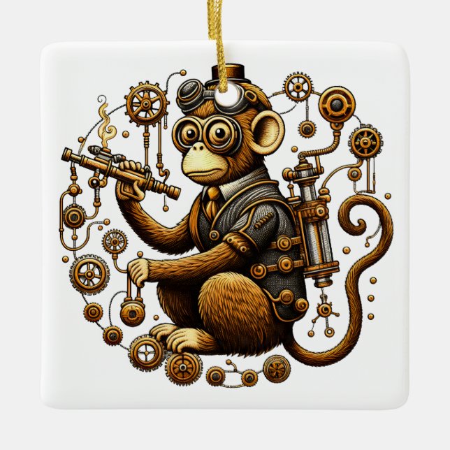 Steampunk Monkey with Ray Gun Ceramic Ornament (Front)
