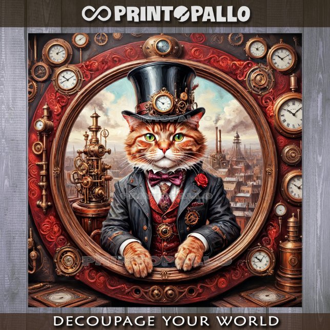 Steampunk noble red cat in a frame - Decoupage  Wrapping Paper Sheet (Creator Uploaded)
