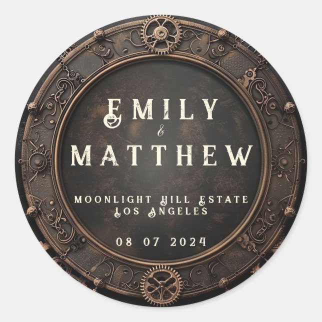 Steampunk Noir Affair Wedding Classic Round Sticker (Front)