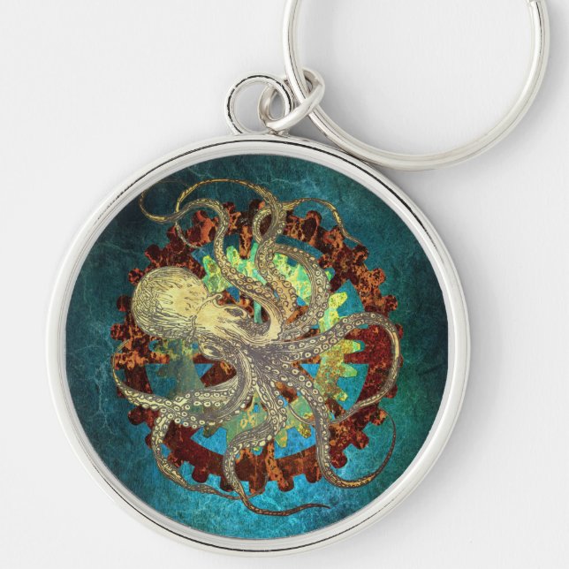 Steampunk Octopus & Clockwork Gears Keychain (Front)