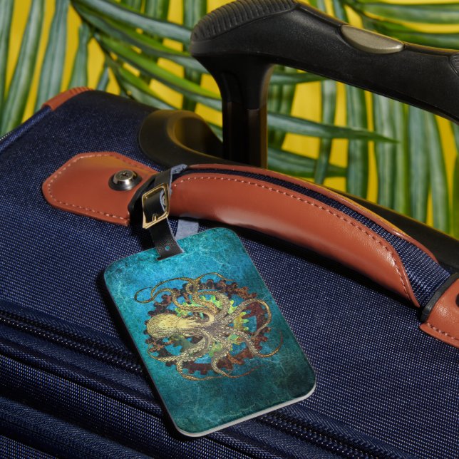 Steampunk Octopus & Clockwork Gears Luggage Tag (Front Insitu 1)