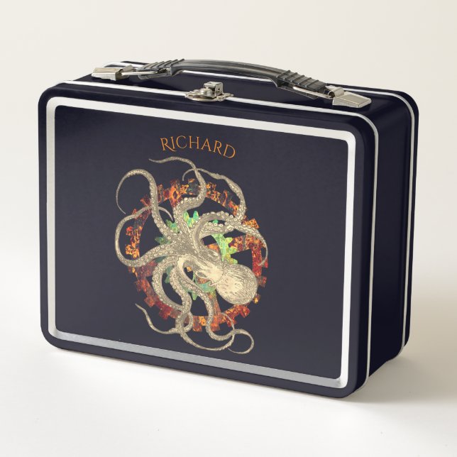 Steampunk Octopus & Clockwork Gears Personalized Metal Lunch Box (Front)