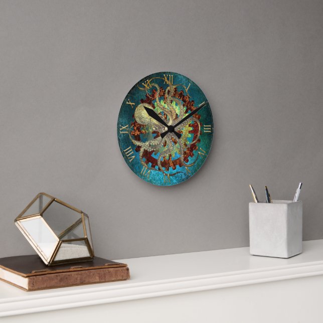 Steampunk Octopus & Clockwork Gears Round Clock (Office)