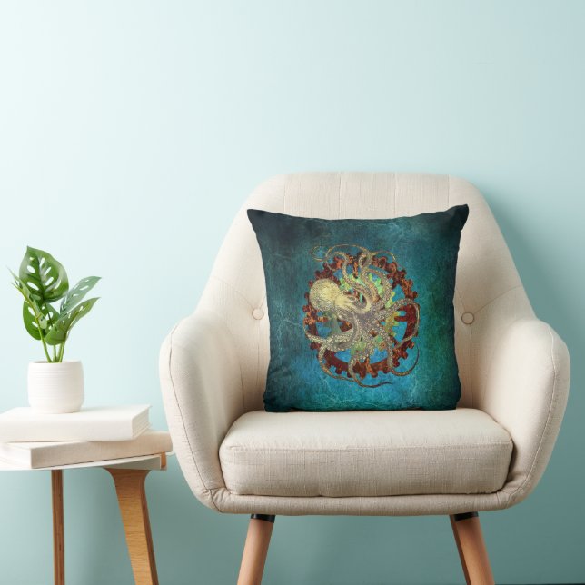 Steampunk Octopus & Clockwork Gears Throw Pillow (Chair)