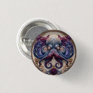 Steampunk Octopus Emblem with Purple Roses 1 Inch Round Button
