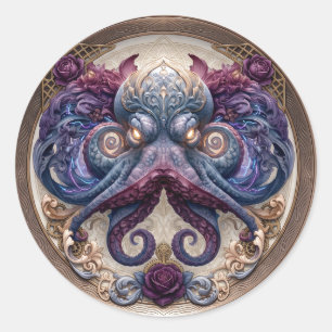 Steampunk Octopus Emblem with Purple Roses Classic Round Sticker