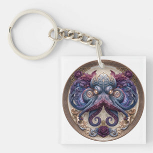 Steampunk Octopus Emblem with Purple Roses Keychain