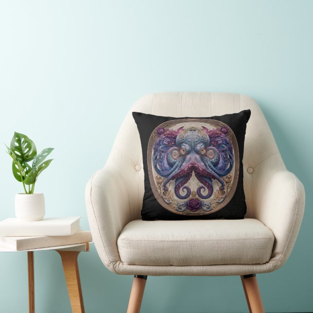 Steampunk Octopus Emblem with Purple Roses  Throw Pillow (Chair)