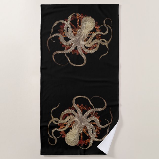 Steampunk Octopus & Rusty Clockwork Gear  Beach Towel (Front)