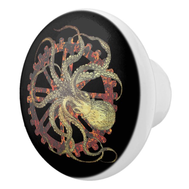 Steampunk Octopus & Rusty Clockwork Gear  Ceramic Knob (Right)