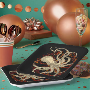 Steampunk Octopus & Rusty Clockwork Gear Paper Plate