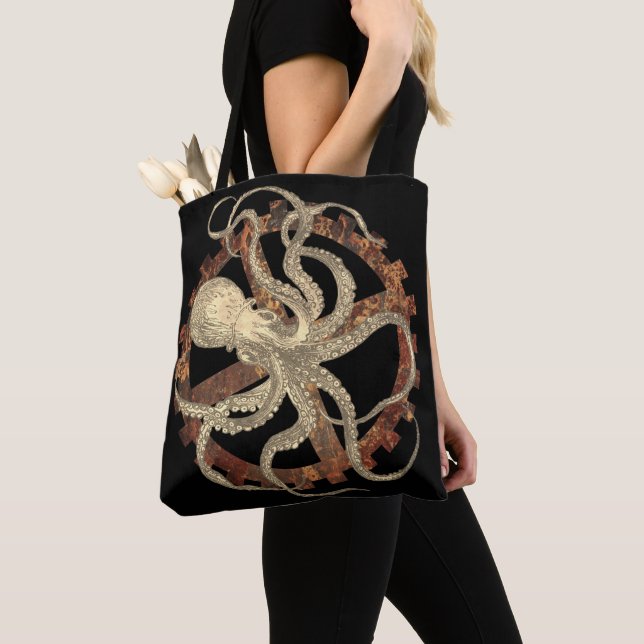 Steampunk Octopus & Rusty Clockwork Gear  Tote Bag (Close Up)