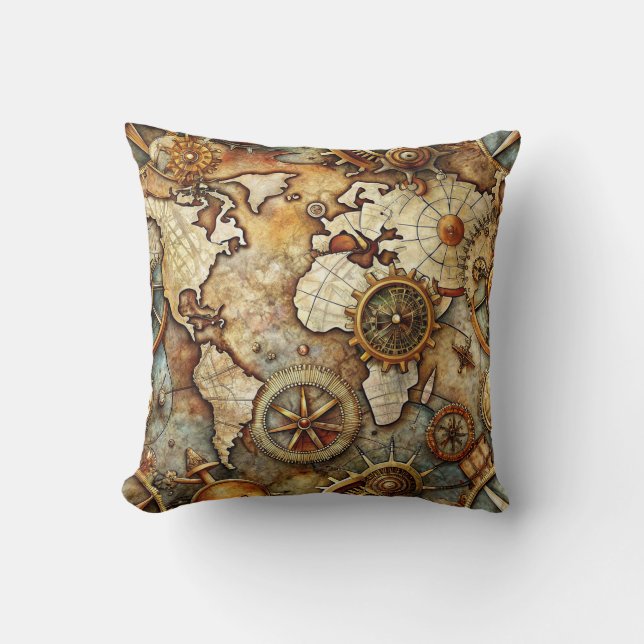 Steampunk Old Map Throw Pillow (Front)