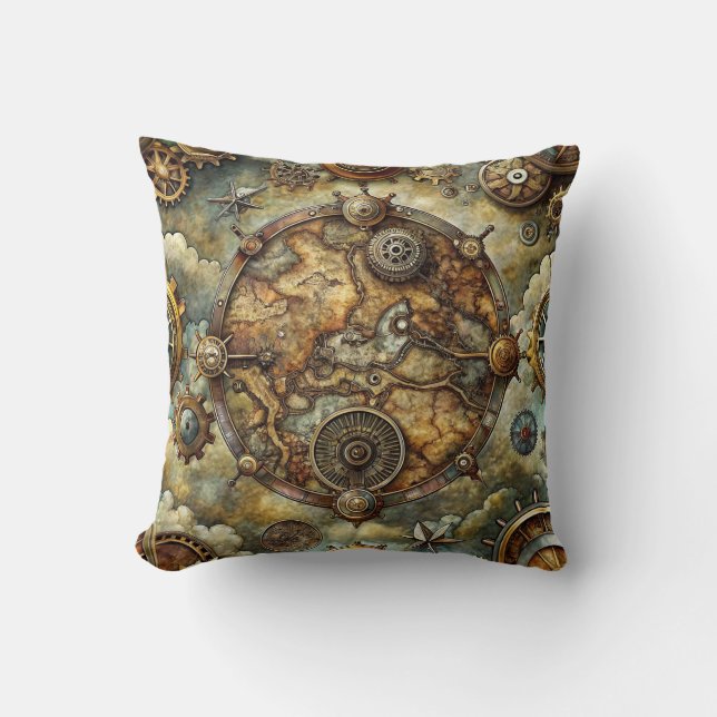 Steampunk Old Map Throw Pillow (Front)