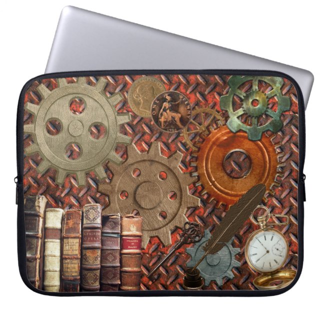 Steampunk Old Rusty Plating & Gears Metal Effect Laptop Sleeve (Front)