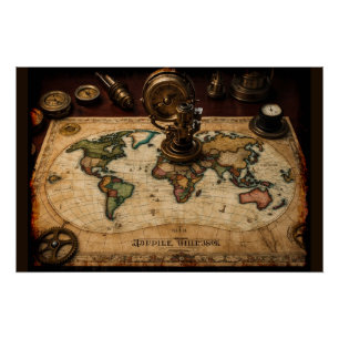 Steampunk Olde Worlde Map Poster