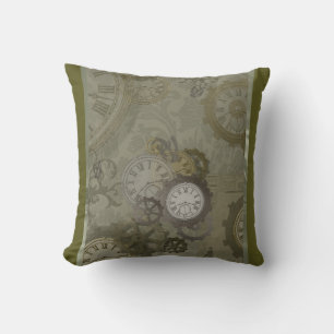 Steampunk olive green print throw pillow
