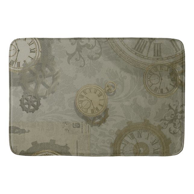 Steampunk olive green  print vintage bath mat (Front)