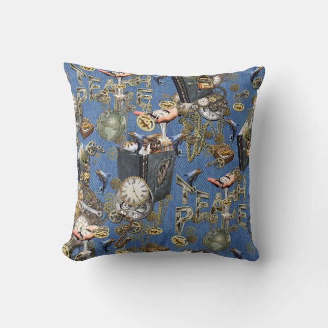 Steampunk on Blue Denim  Throw Pillow (Front)
